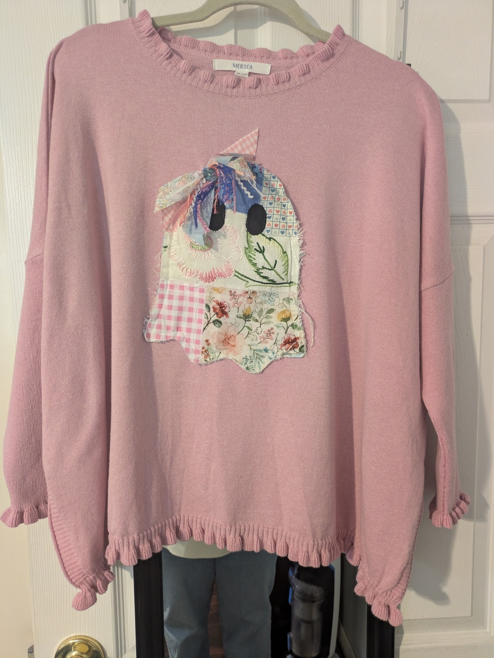 MERSEA Pink Ruffle-Trim Crewneck Sweater with Patchwork Appliqué